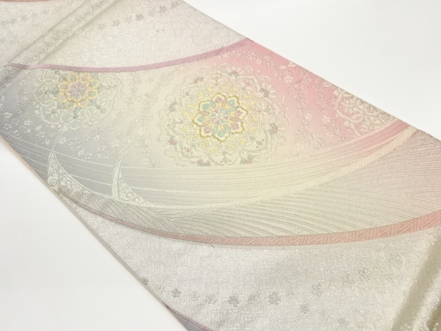 JAPANESE KIMONO / VINTAGE FUKURO OBI / SILK / WOVEN ABSTRACT PEACOCK & FLOWER CREST